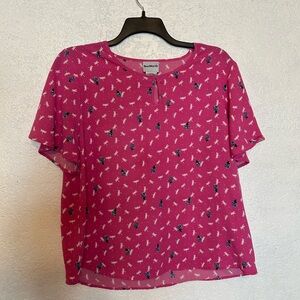Bright Pink Dragonfly Print Blouse Size LP (12-14) Women’s BonWorth Short Sleeve